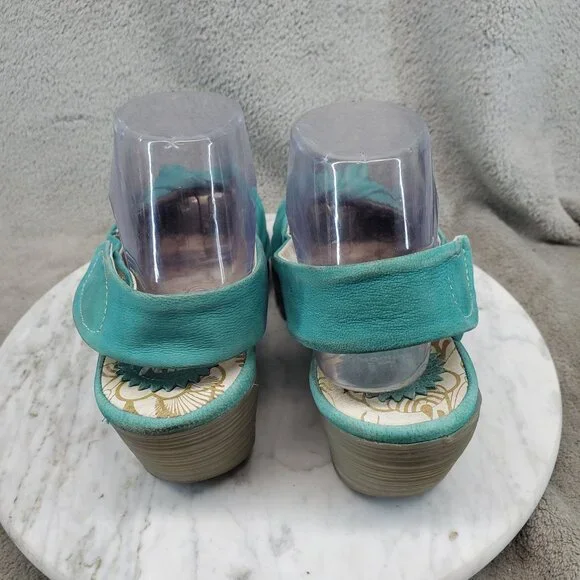 Fly London Shoes Womens Size EU38 US 7.5 Yakin Teal Leather Wedge Sandals *Read* - Picture 5 of 10